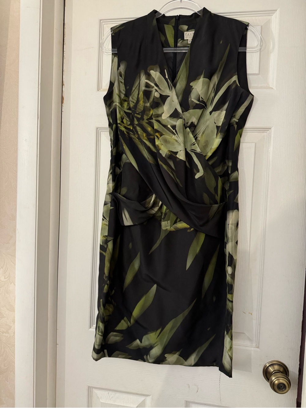 PAUW Amsterdam Olive Green Floral Watercolor Drape Front Sheath Dress Sz 2